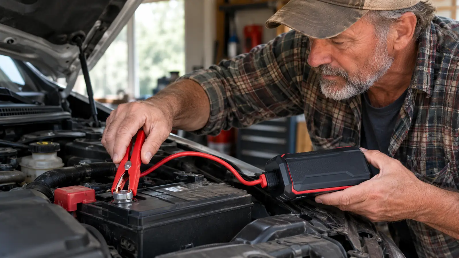 Hand connecting a battery maintainer clamp to a car battery terminal