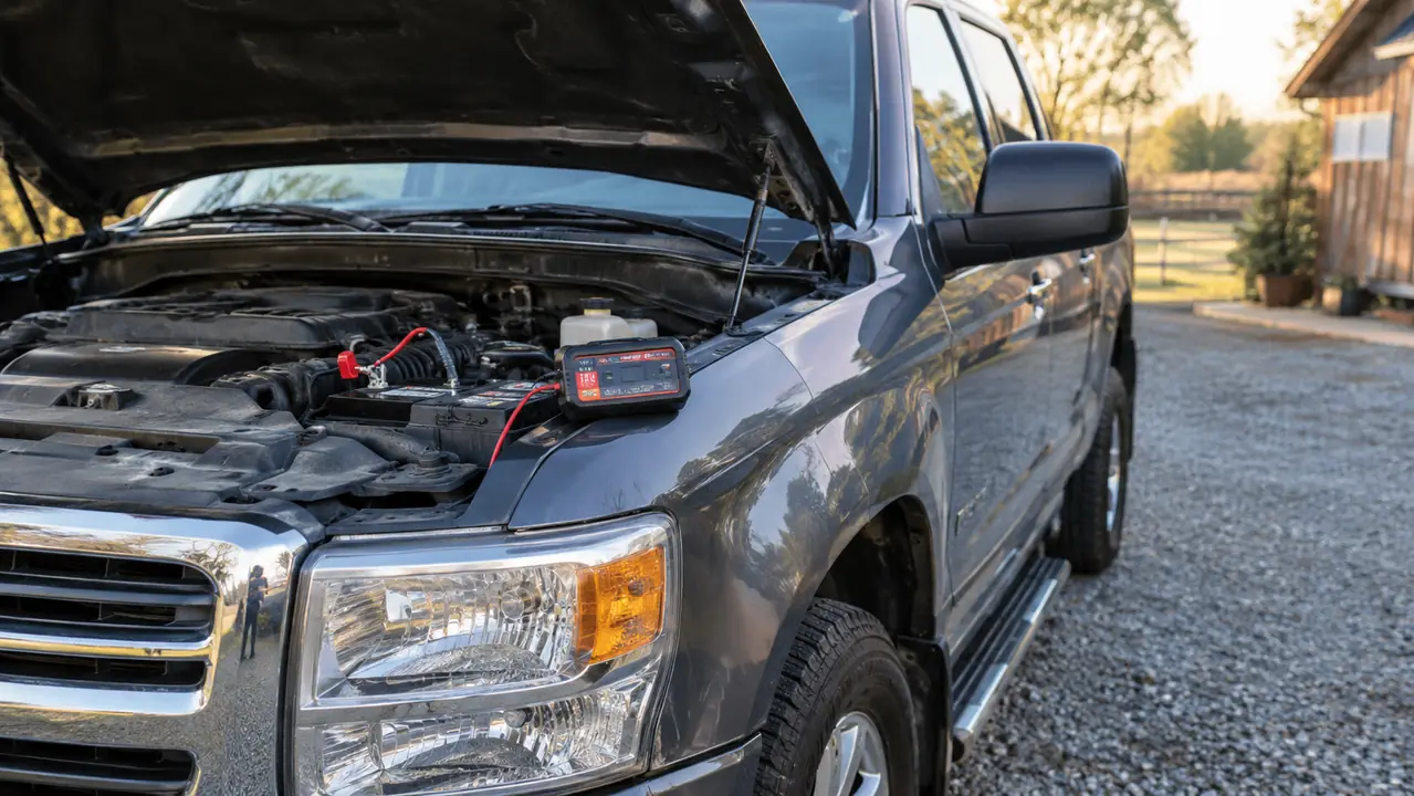 A pickup truck parked in a driveway with the hood open and a battery maintainer cable running to the battery