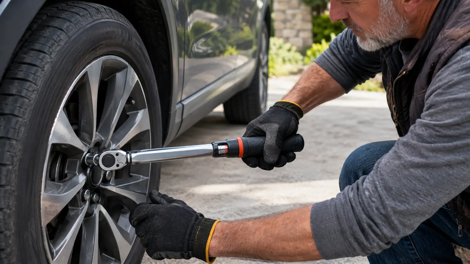 A gloved hand using a torque wrench on a lug nut of a car wheel