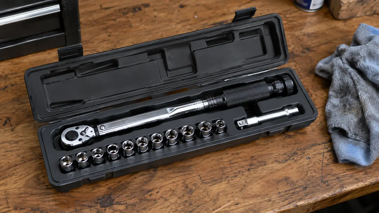 An open plastic storage case holding a torque wrench and an extension bar on a workbench