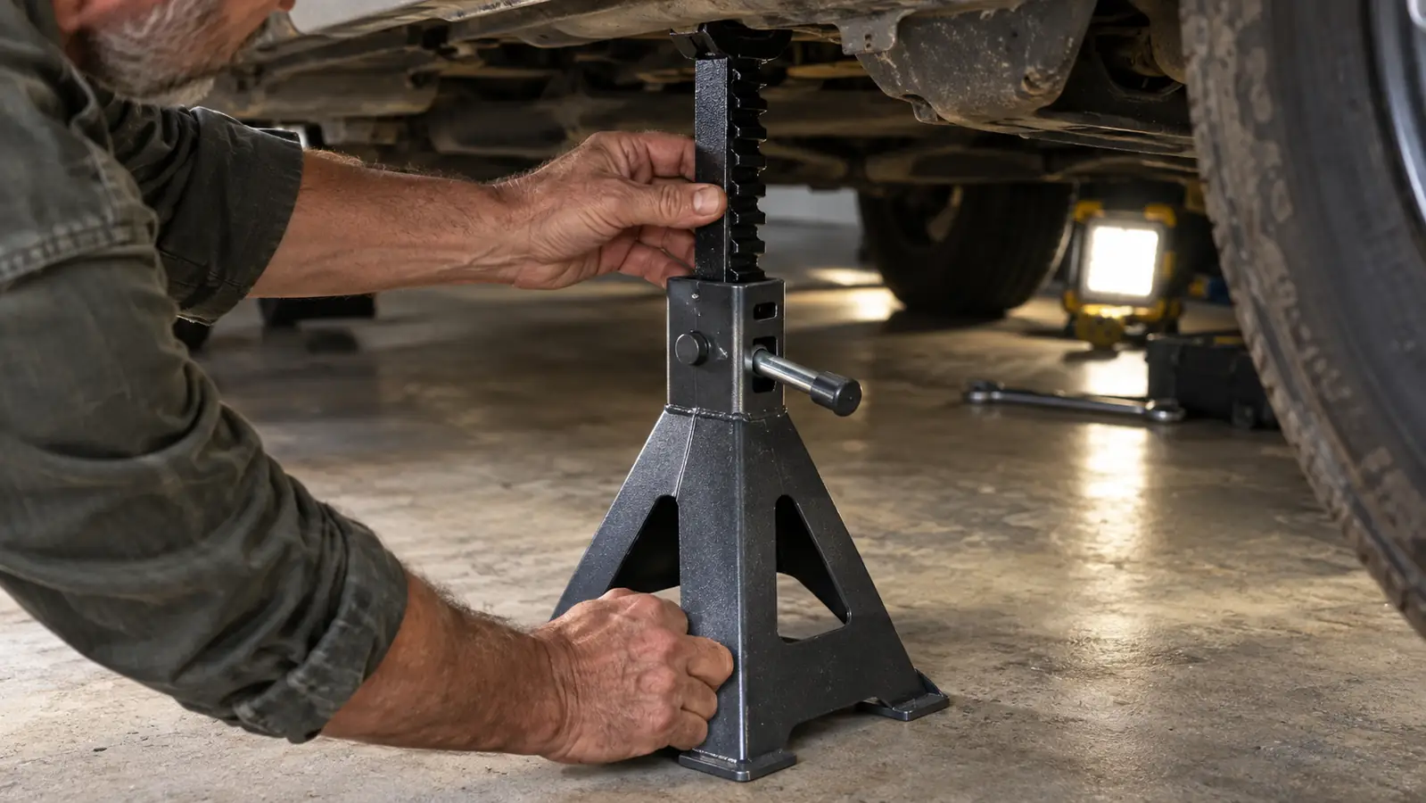 Hand ratcheting a steel jack stand up to the frame of a car on a concrete garage floor