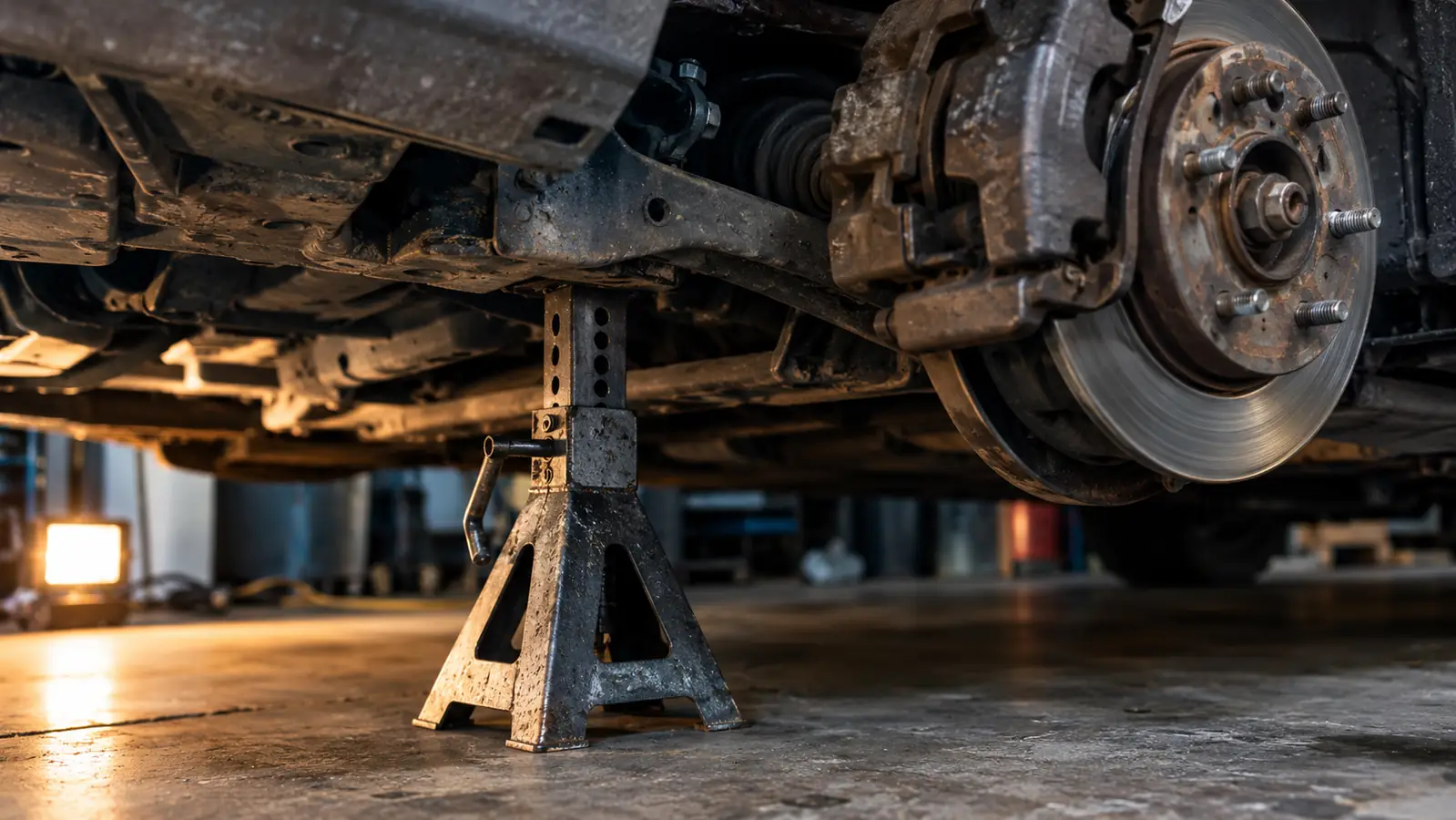 Low view from under a car showing a steel jack stand holding up the frame