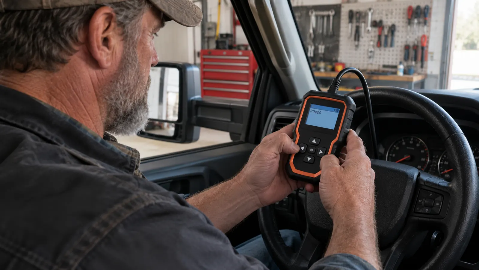 A person sitting in the driver seat holding a code reader with a small screen showing a code, truck parked in a garage