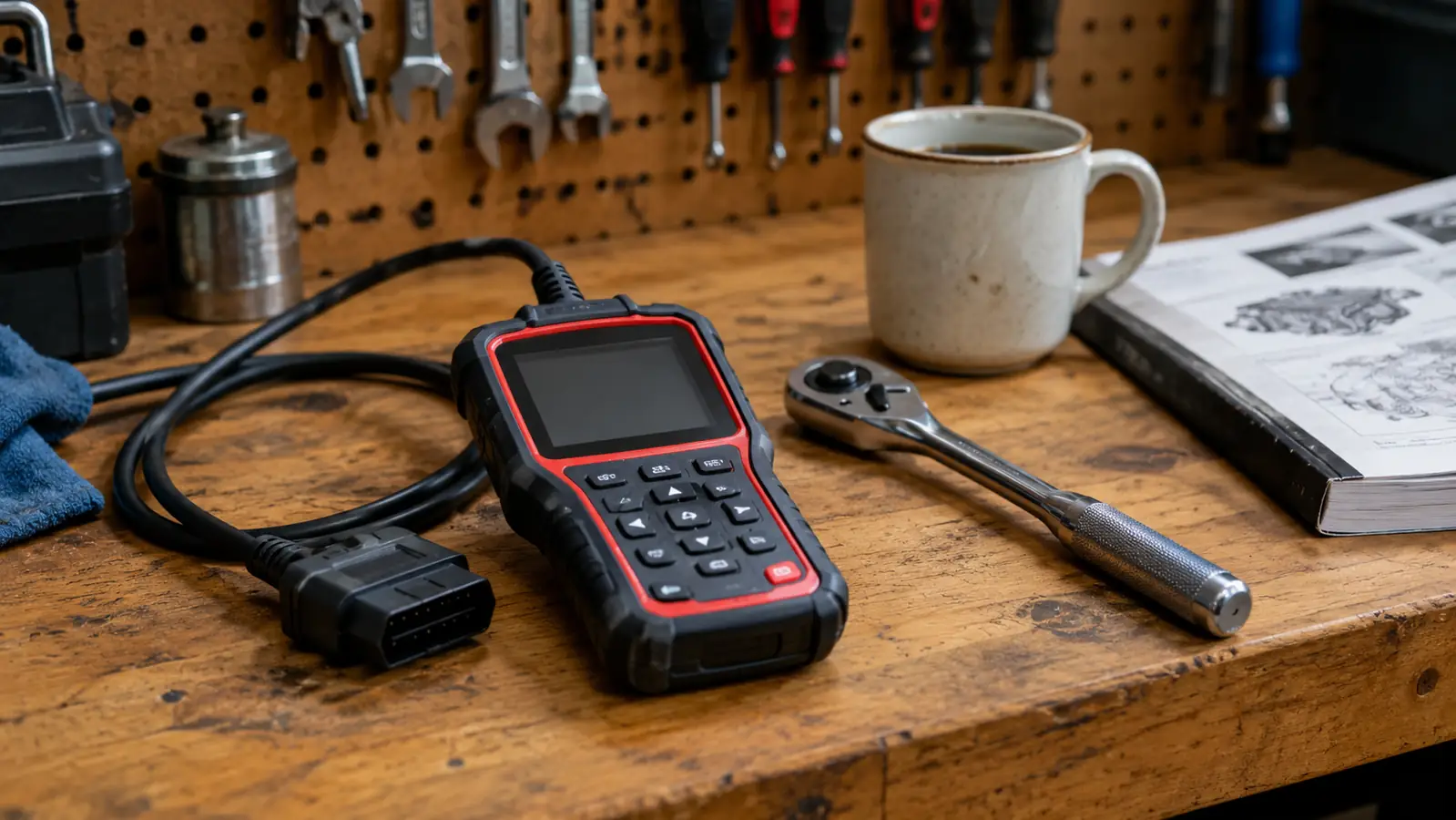 A code reader lying on a workbench next to a ratchet and a coffee mug in a home garage