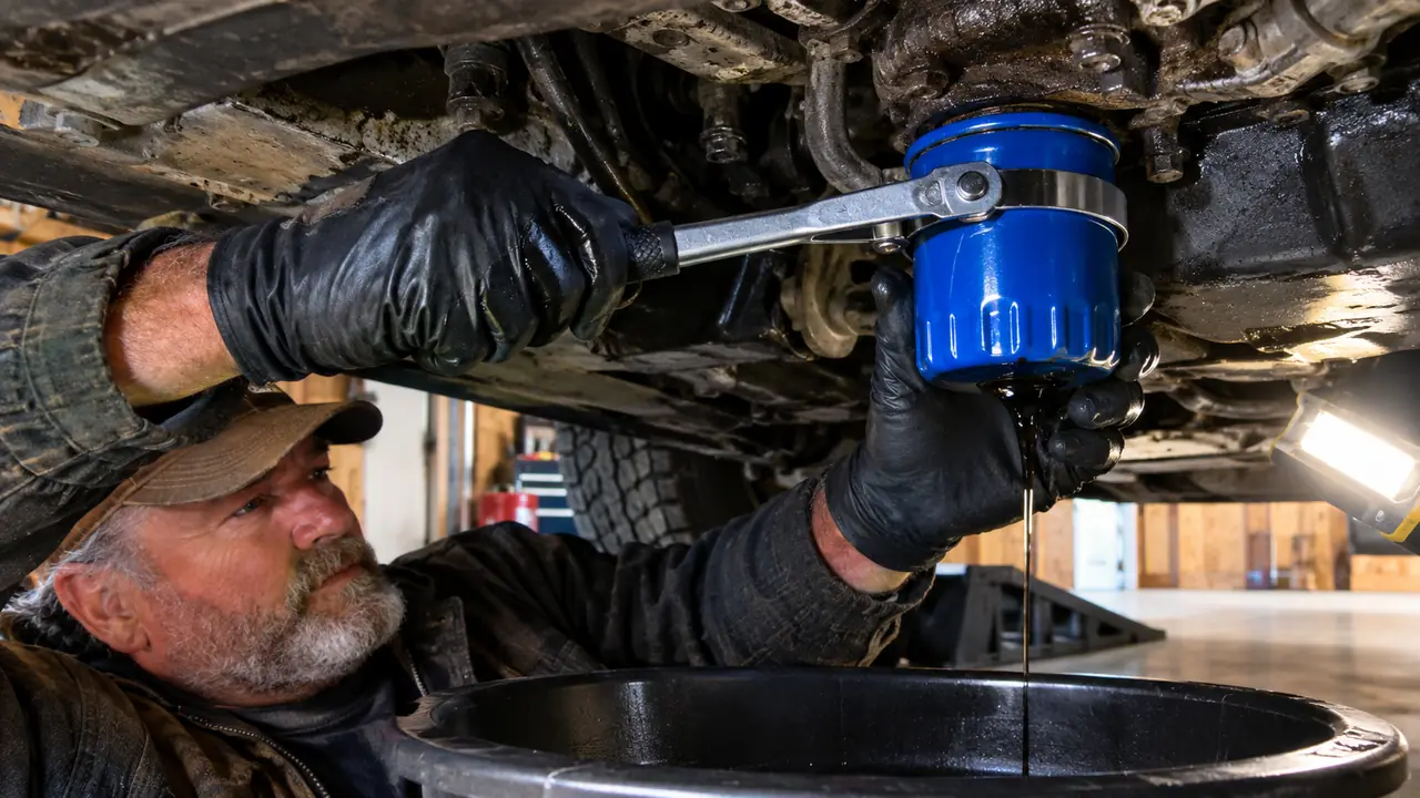 A gloved hand using a swivel oil filter wrench on a filter under a car on ramps