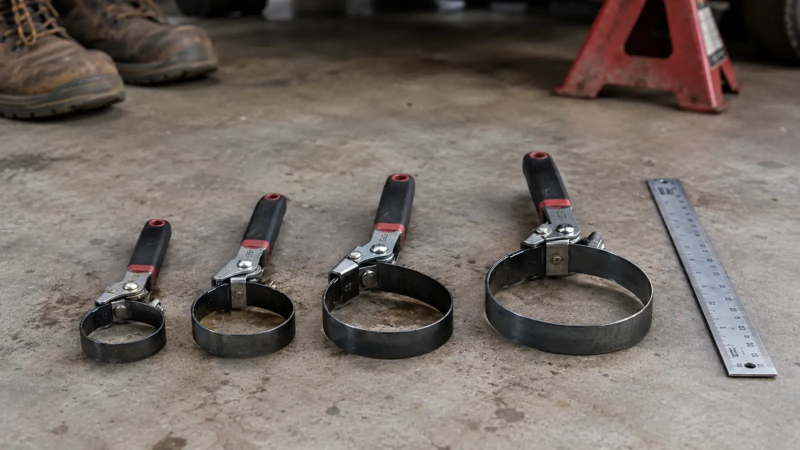 A row of four oil filter wrenches sized small to large with a ruler below them
