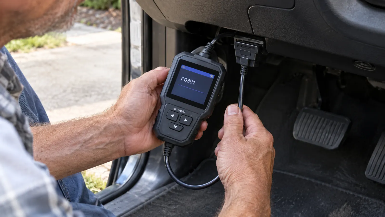 A hand holding a code reader connected to the port under a car dashboard, the screen showing a code