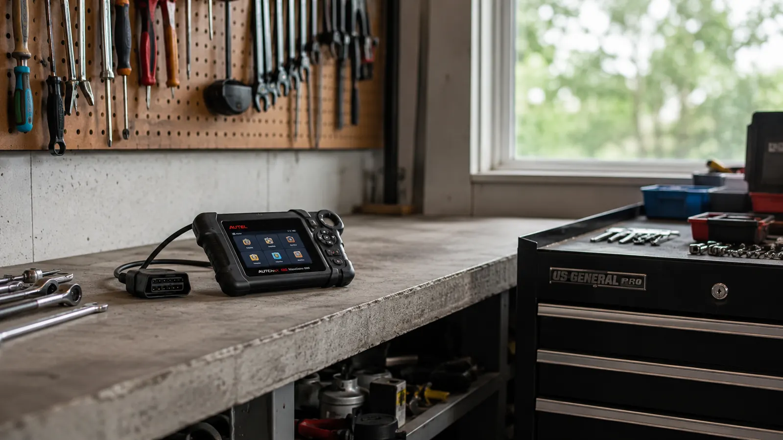 A code reader resting on a garage workbench beside a rolling tool chest