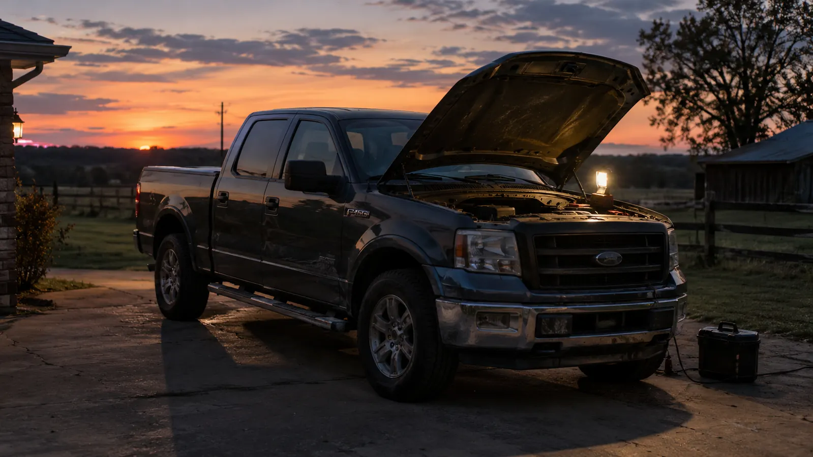 Truck with the hood up in a driveway at dusk, a work light glowing near the engine bay
