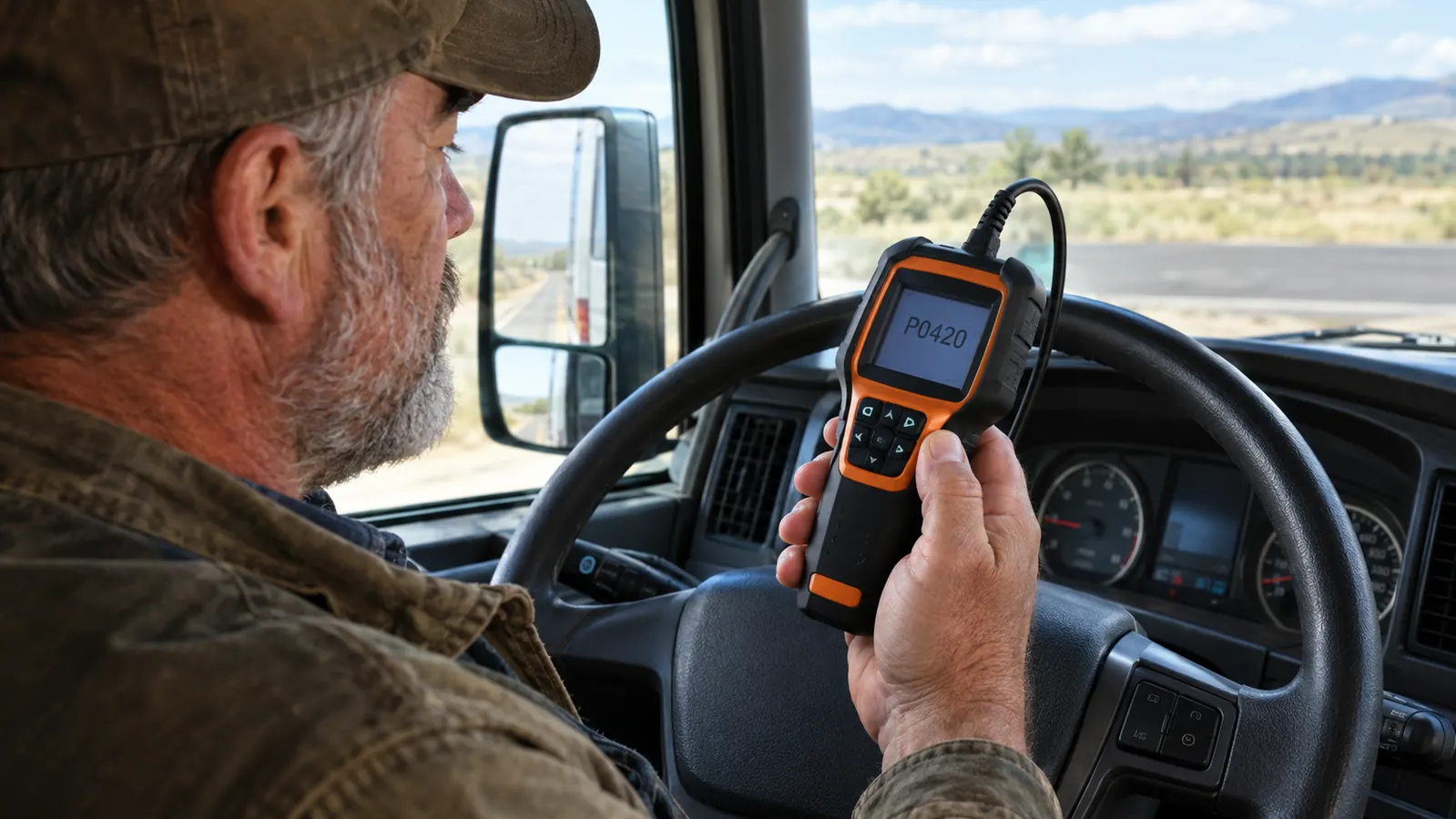 Close view of a handheld code reader held in one hand, its screen showing a short code, inside a truck cab