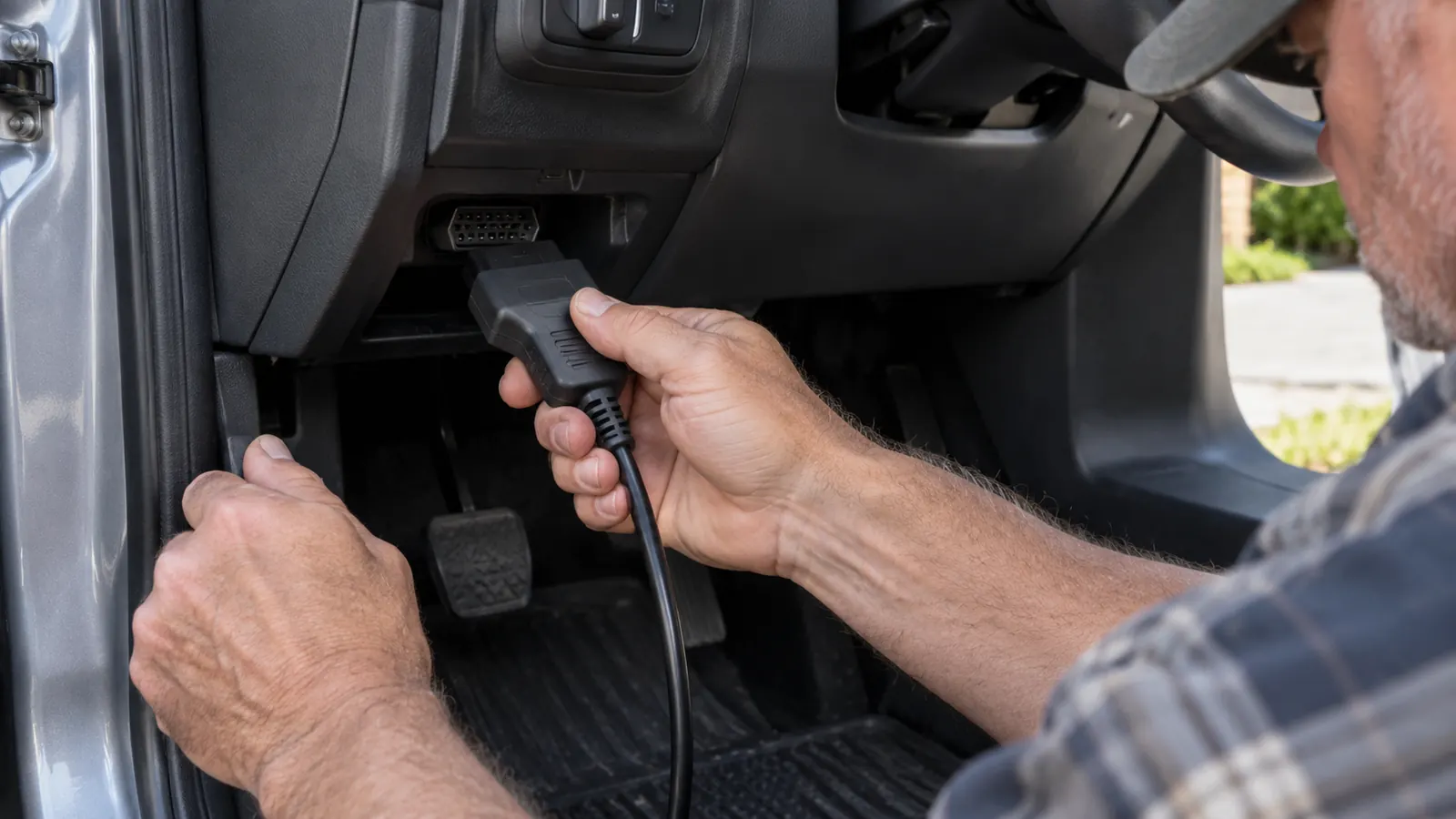 A hand plugging a corded code reader into a port under the dashboard of a car