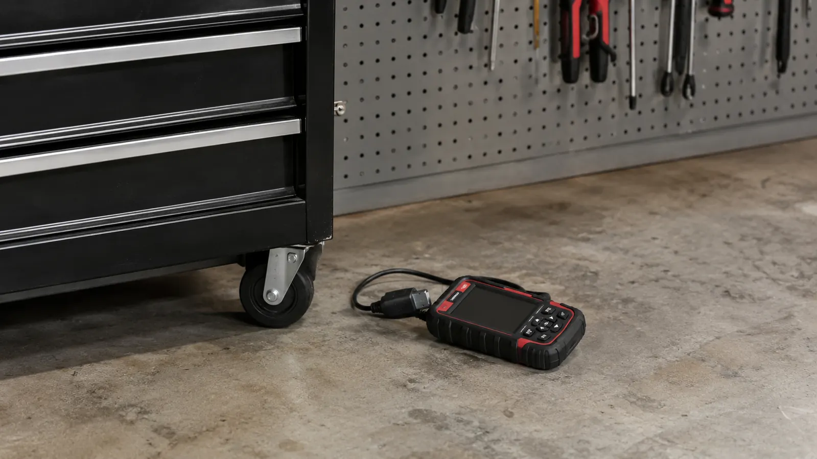 A code reader lying on a concrete garage floor next to a rolling tool chest