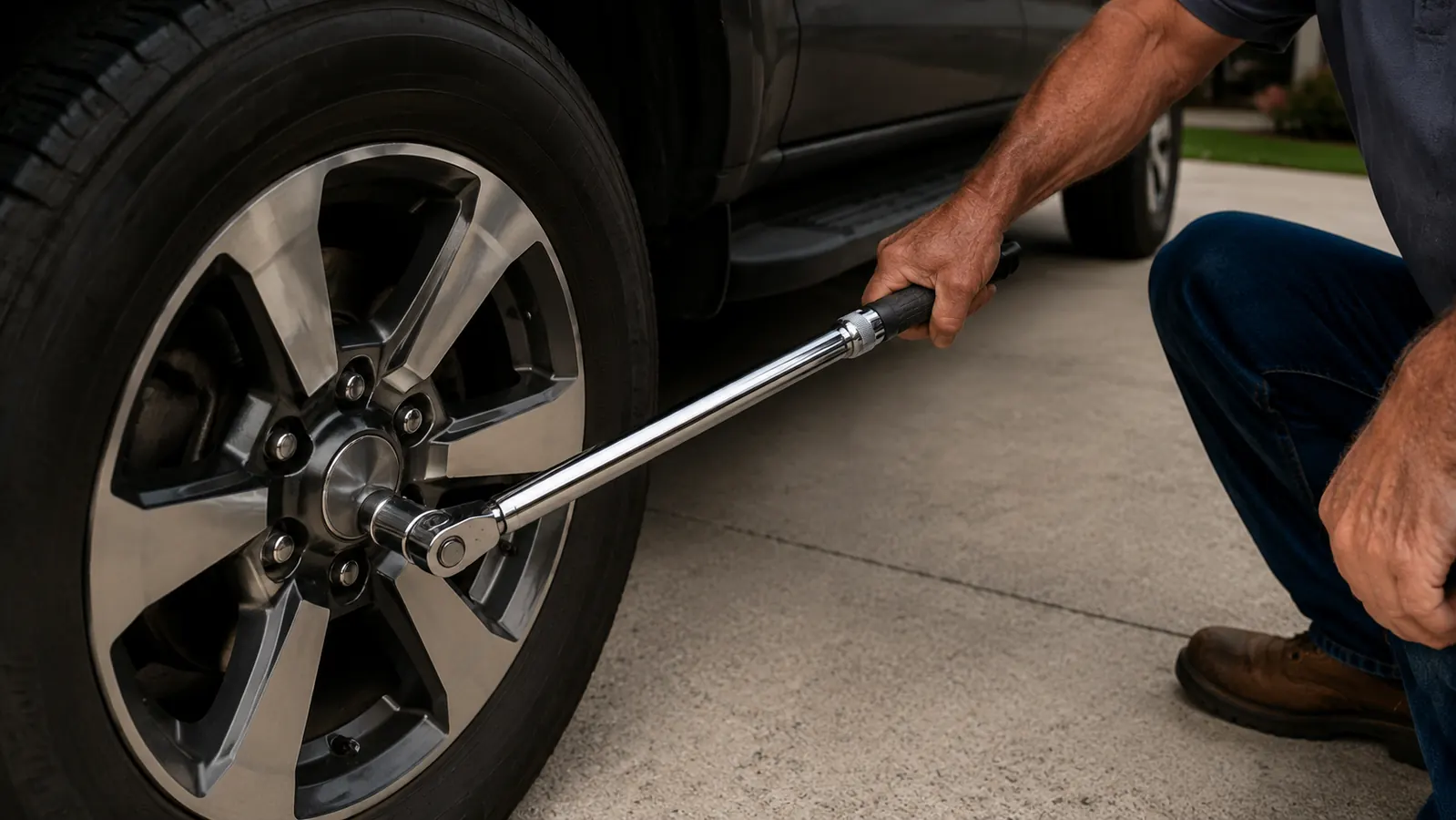 A click torque wrench fitted with a socket seated on a wheel lug nut while a hand pulls the handle