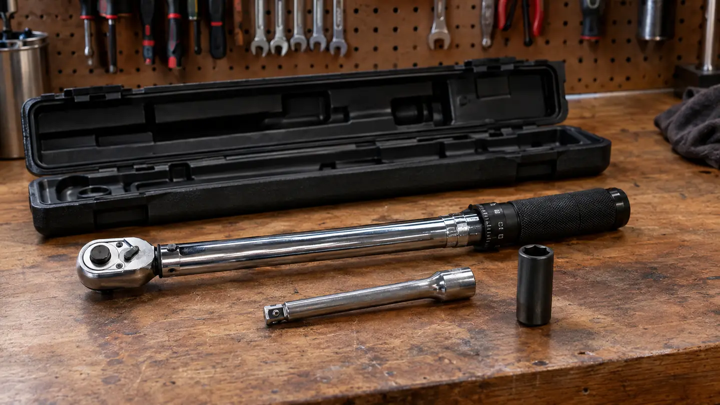A click torque wrench resting on a garage workbench beside its open plastic storage case, with an extension bar and socket laid out nearby