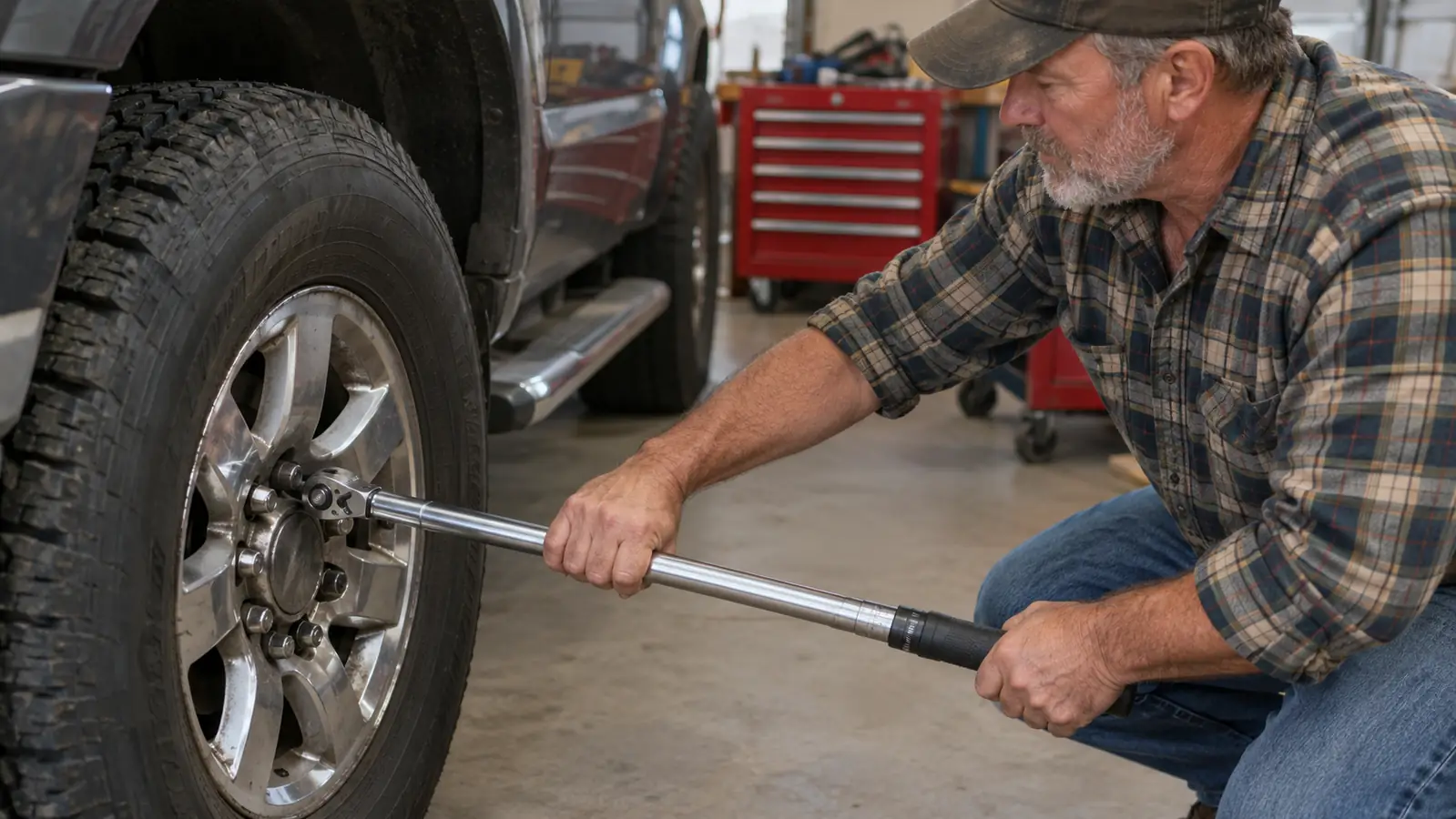 A hand using a click torque wrench on a lug nut to tighten a truck wheel.