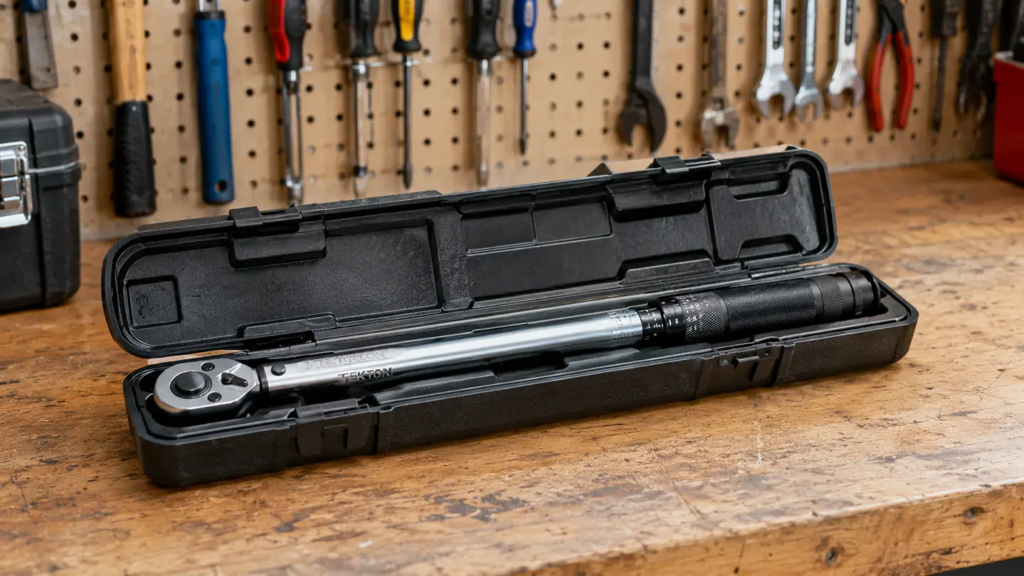 A click torque wrench resting in its open plastic storage case on a garage workbench.