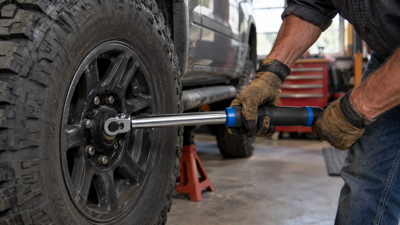 Hands in work gloves using the torque wrench on a lug nut of a truck wheel in a garage