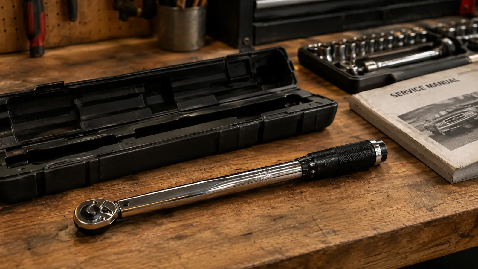 The torque wrench resting on a wooden workbench beside its open plastic storage case, a socket set in the background