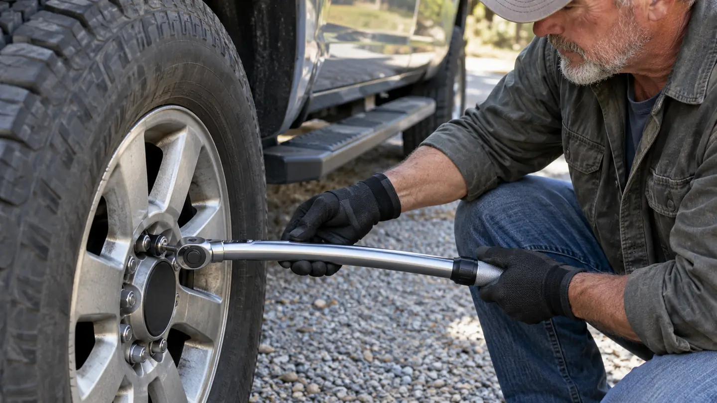 A gloved hand using a 1/2-inch drive click torque wrench to tighten a lug nut on a truck wheel