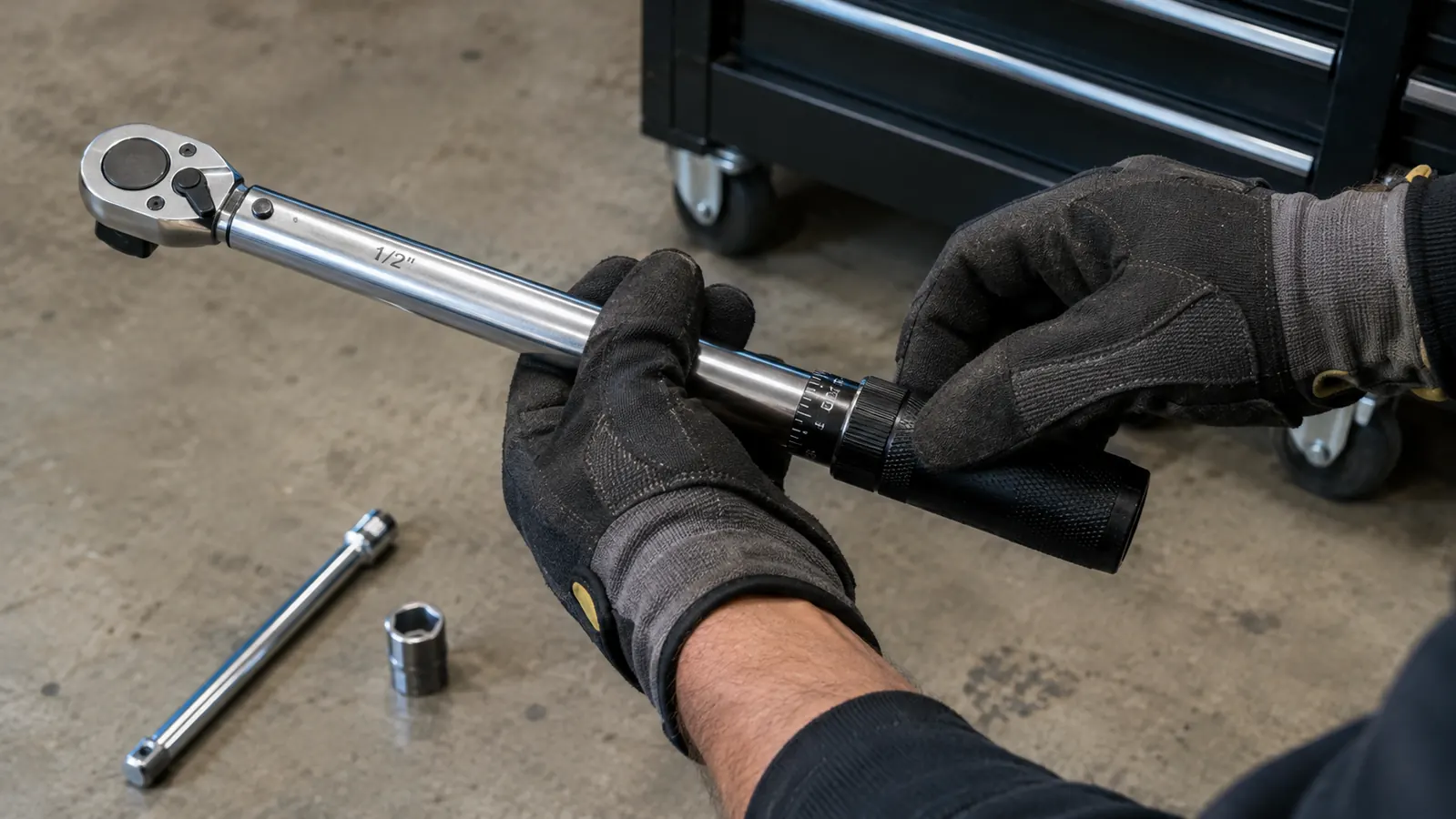 Hands in work gloves adjusting the torque setting on a click torque wrench over a concrete garage floor