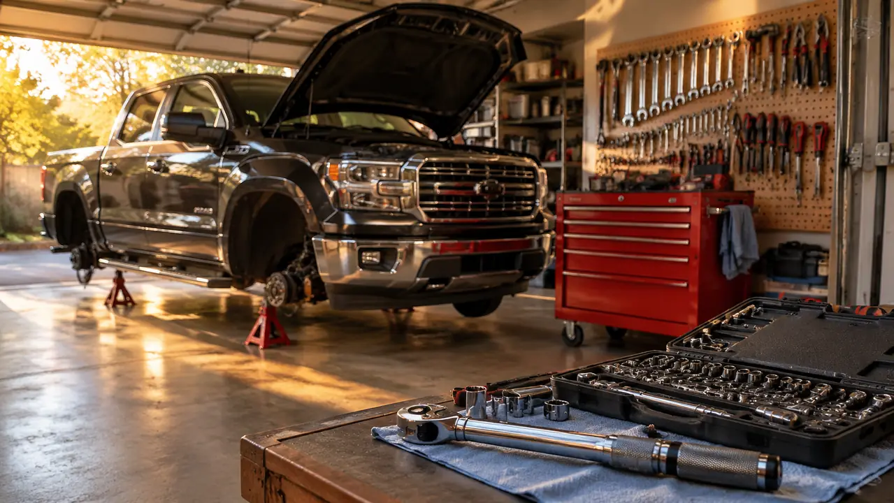 A pickup truck on jack stands in a home garage with the hood open, a rolling tool chest and a socket set laid out on a shop towel