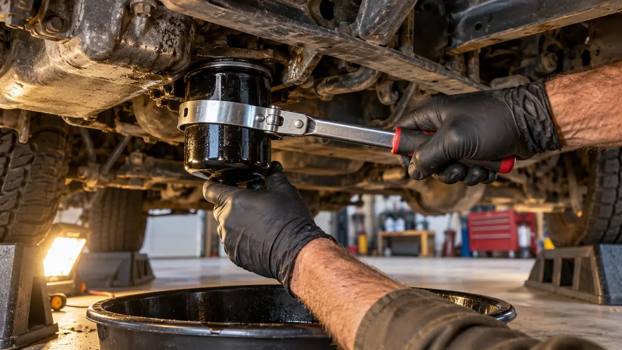 A hand using a swivel oil filter wrench on an oil filter under a truck on ramps