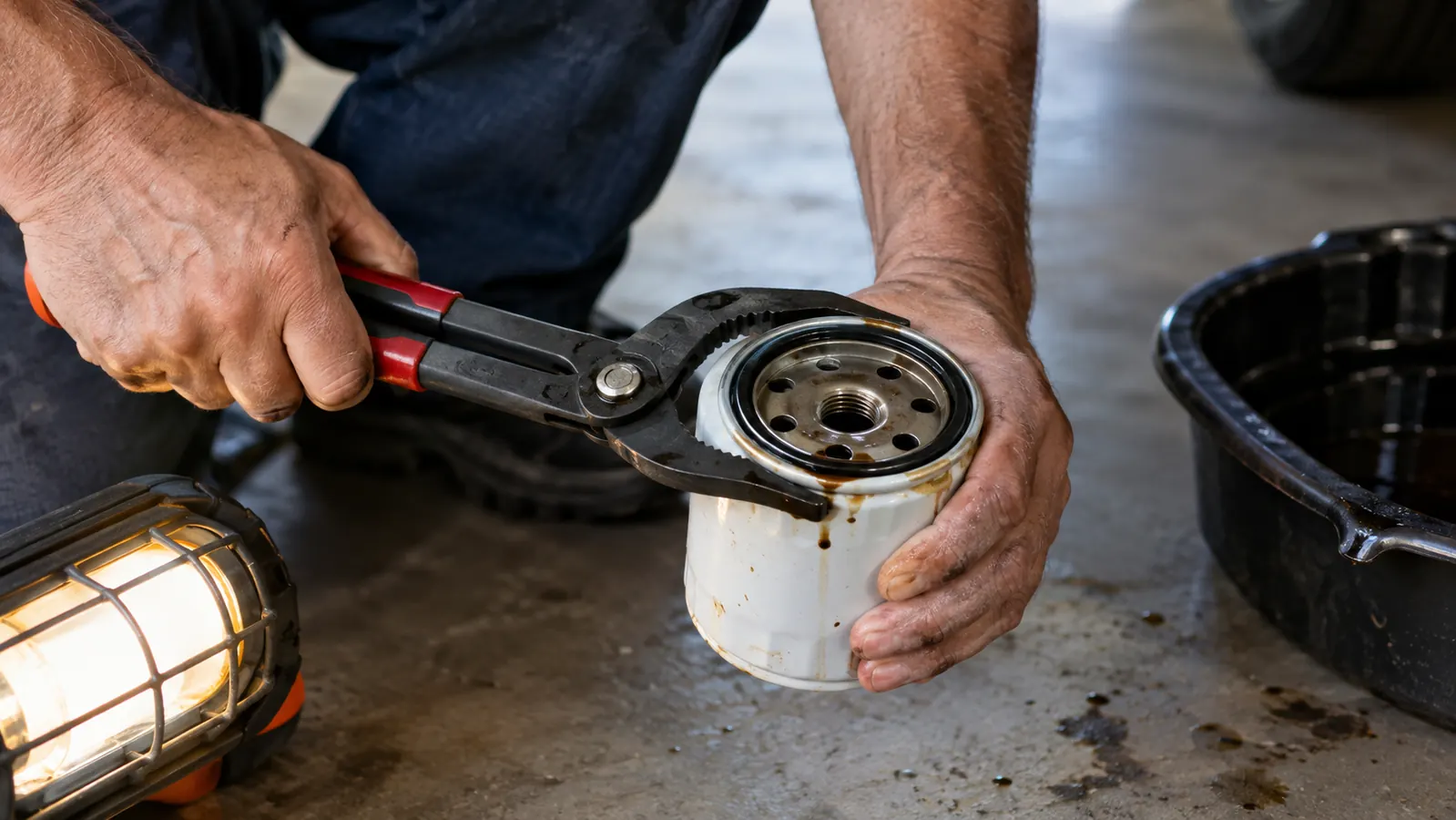 A mechanic's hands using the adjustable oil filter pliers to break a stuck filter loose