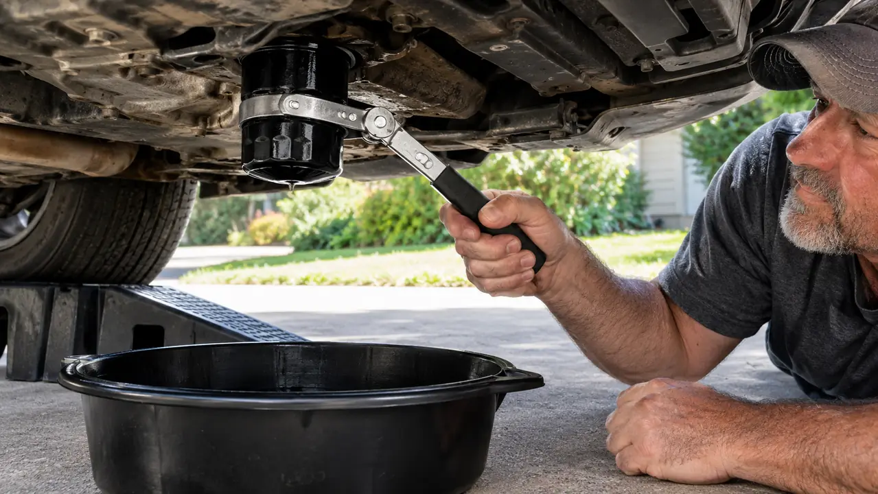 A hand working a swivel oil filter wrench on a filter under a car on ramps