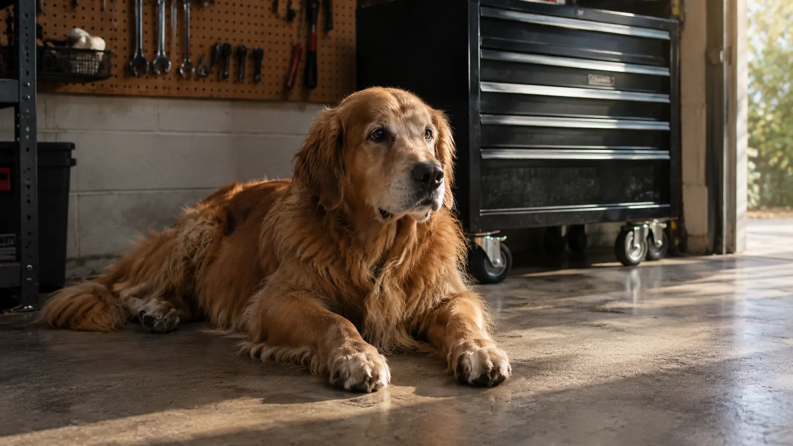 A large dog lying on a garage floor near a rolling tool chest