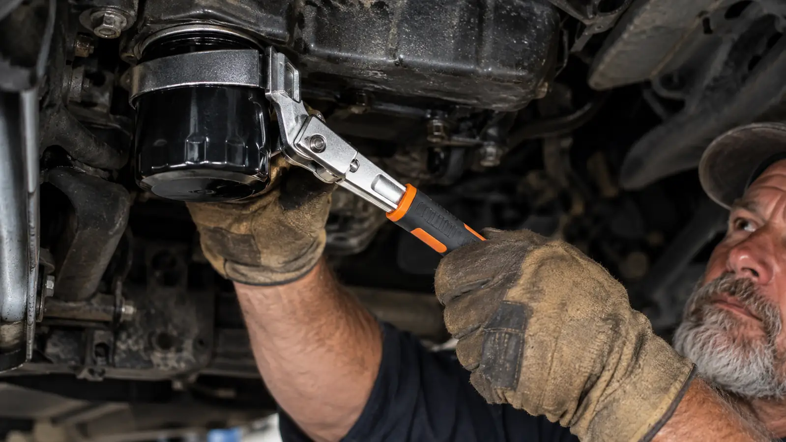 A hand holding a swivel oil filter wrench against a filter under a car