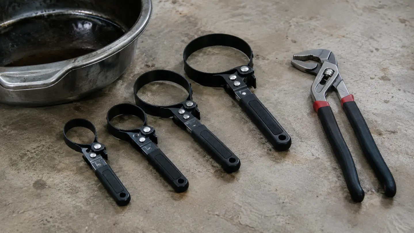 A wrench set laid out on a concrete garage floor next to a drain pan