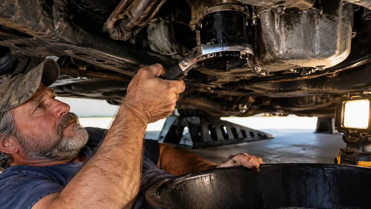 A hand using a swivel oil filter wrench on an oil filter under a car