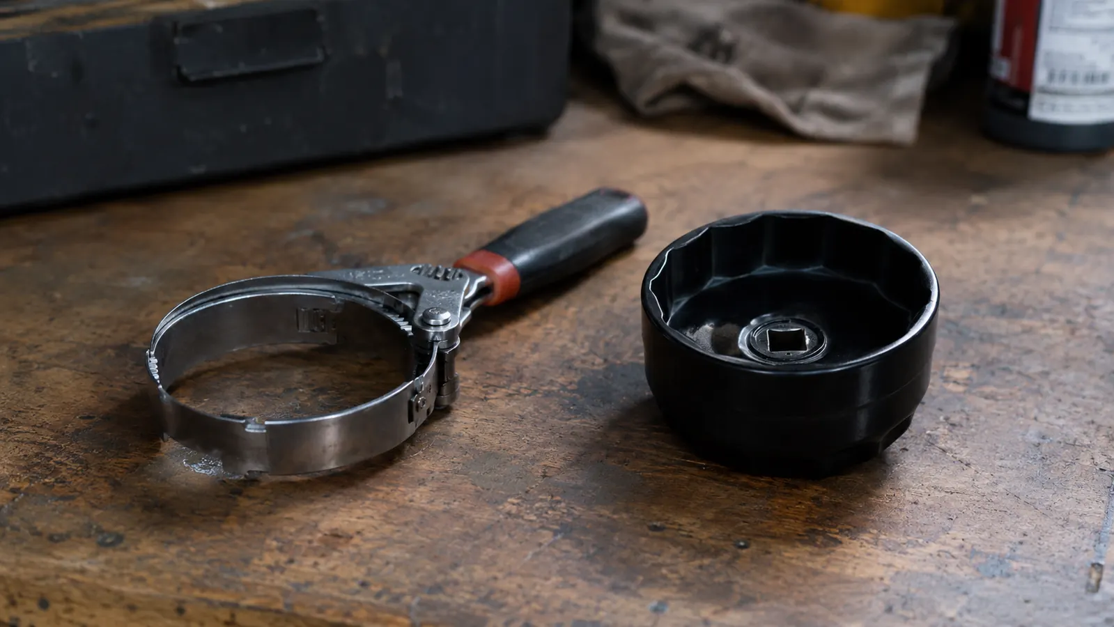 A swivel oil filter wrench and a cup-style filter socket side by side on a workbench