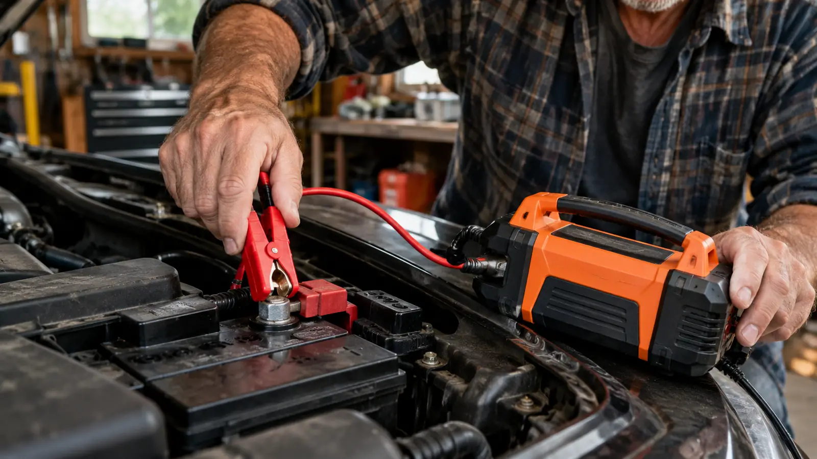 Hand connecting the positive clamp of a smart charger to the positive battery terminal