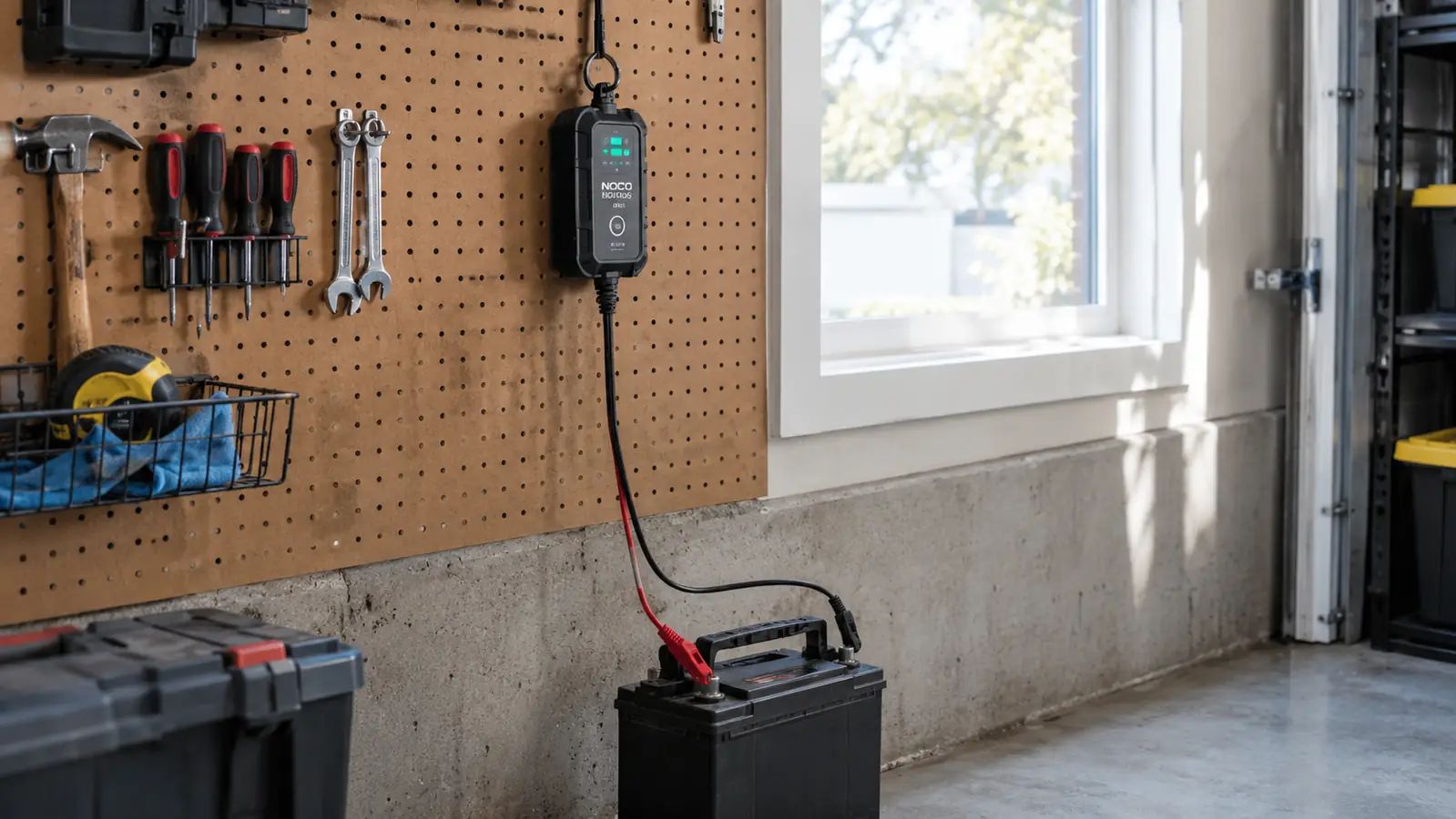 A smart battery charger hanging on a garage wall while plugged in and charging