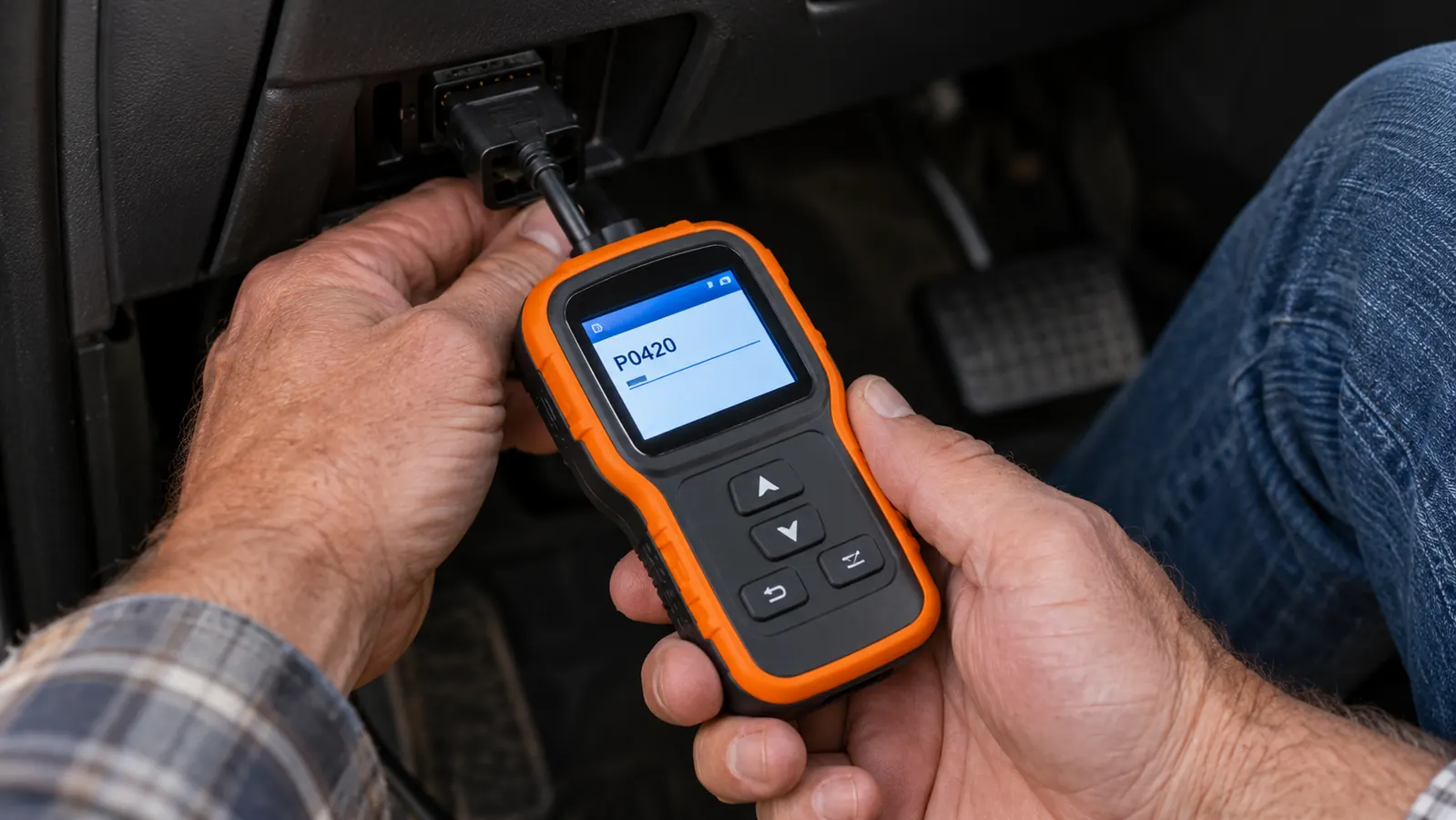 A hand holding a compact handheld code reader plugged into the diagnostic port under the dash of a car, the screen showing a code.