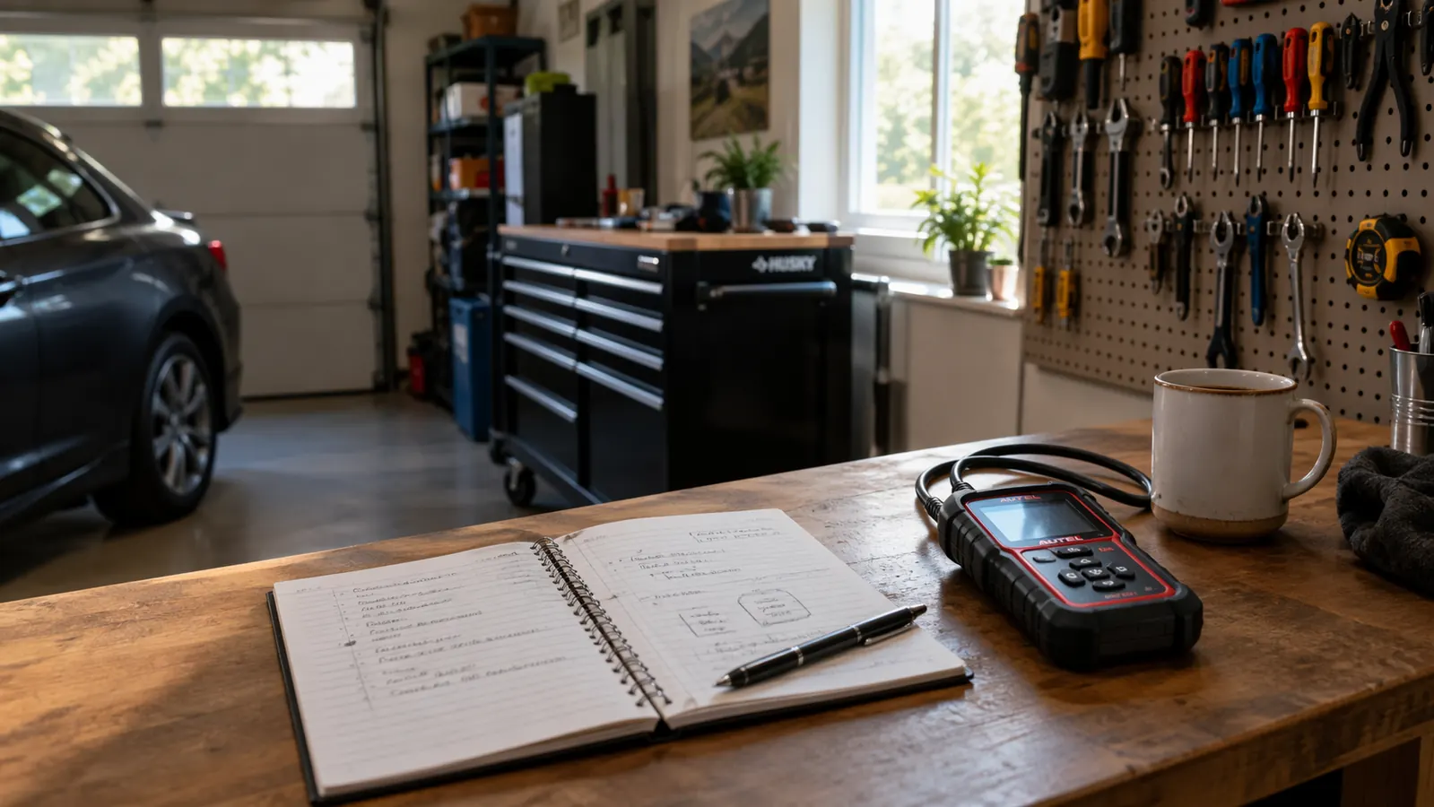 A compact handheld code reader resting on a workbench next to an open spiral notebook in a home garage with a pegboard wall.