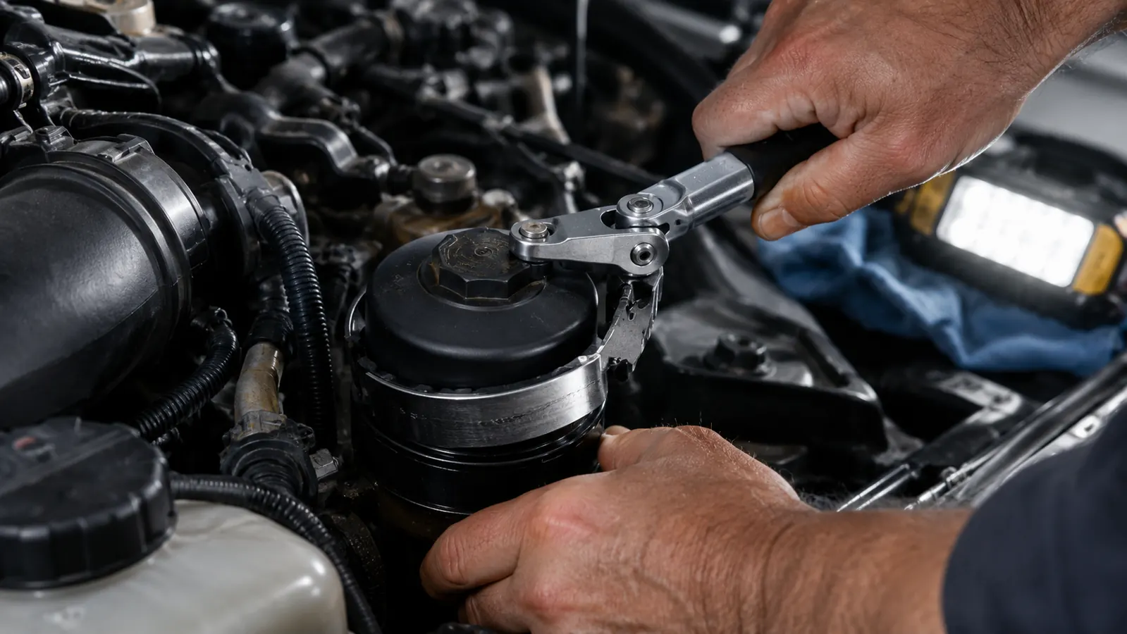 A hand holding a swivel oil filter wrench seated on an oil filter cap, the flex head angled so the handle clears the vehicle frame