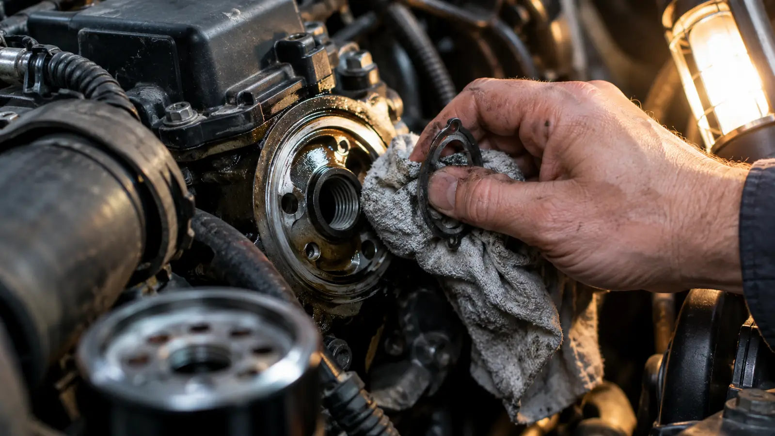 A hand wiping the oil filter mounting surface with a shop rag while holding the old filter gasket