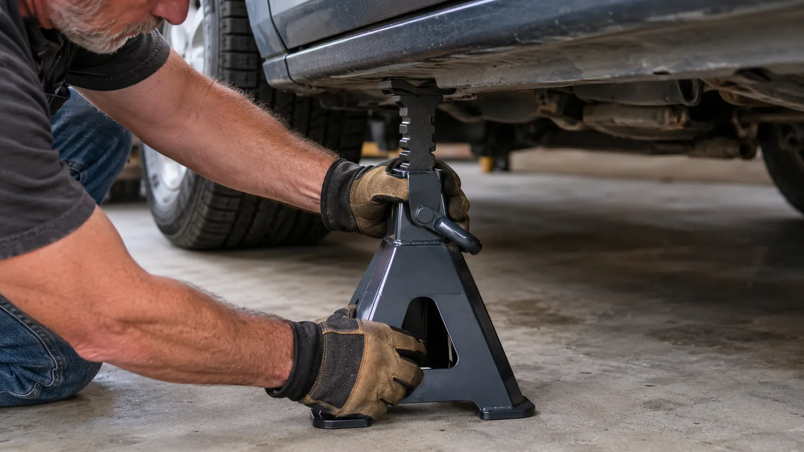 Hands placing a steel jack stand under the pinch weld of a car, the ratchet bar at its lowest closed position