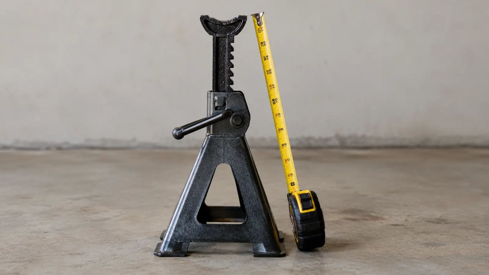 A jack stand on a concrete garage floor with the ratchet bar locked one notch above the lowest setting