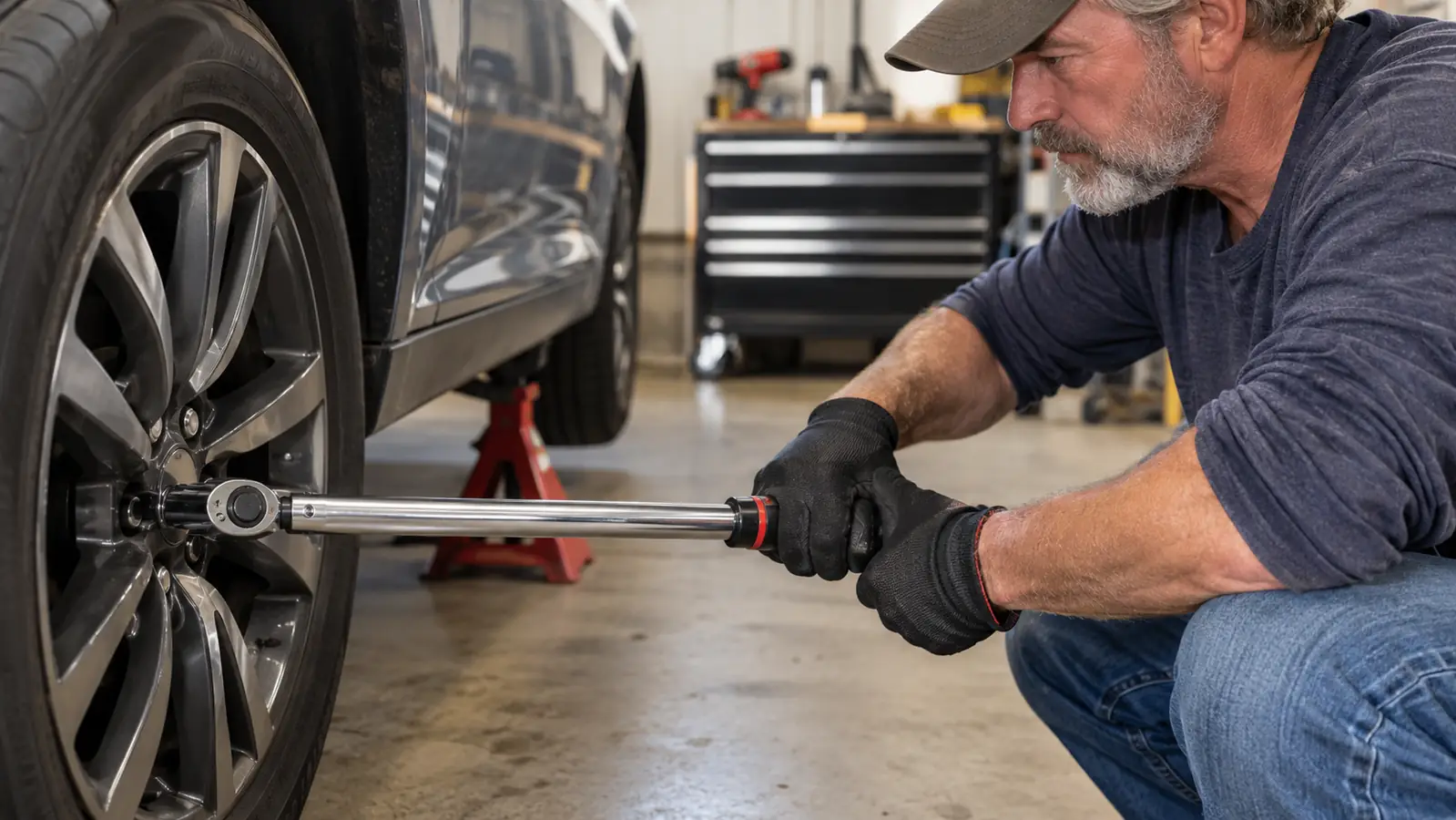 A gloved hand working a click torque wrench on a lug nut at the wheel of a car on jack stands