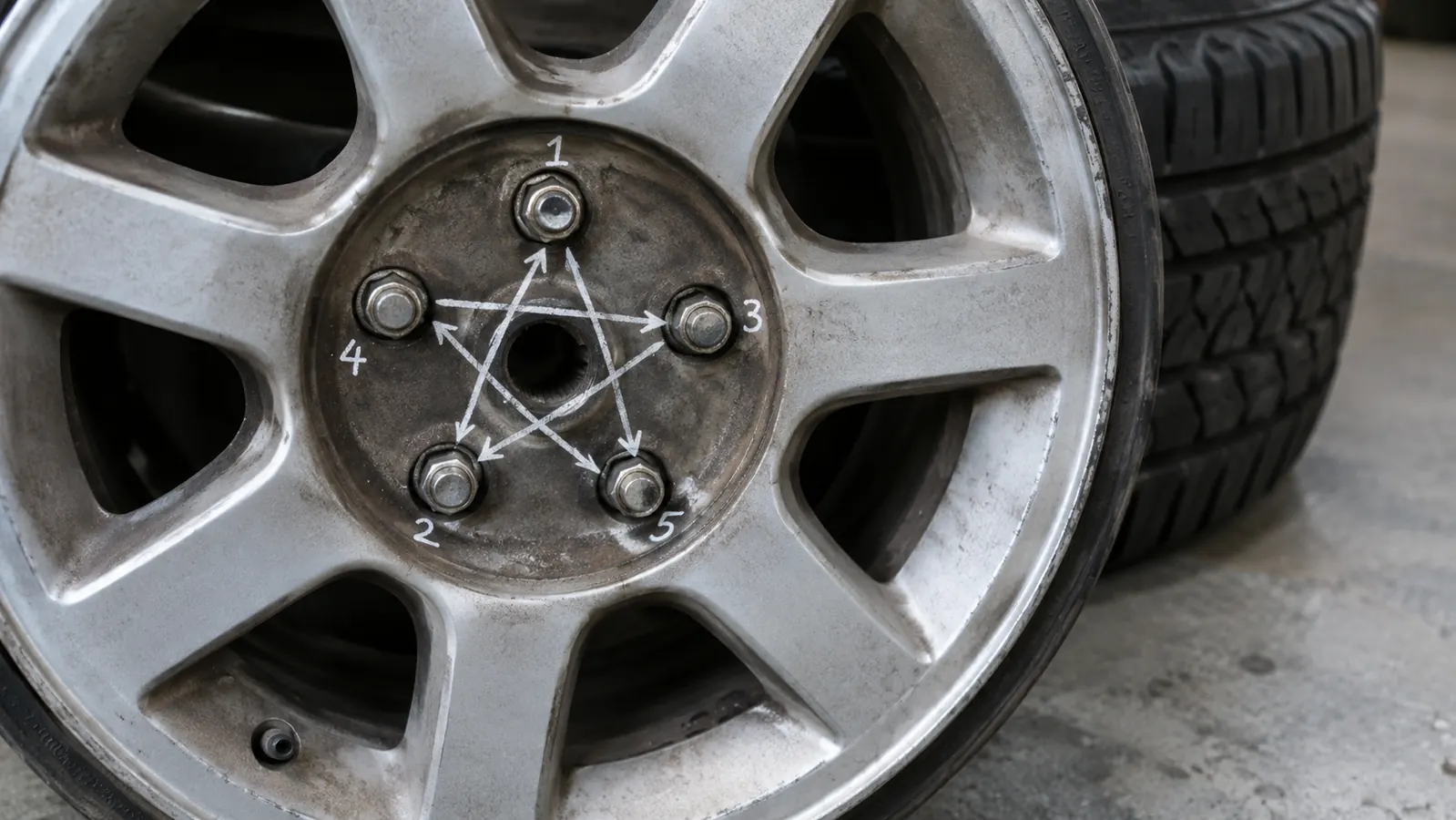 A car wheel hub with five lug nuts and a chalk star pattern drawn around them showing the tightening order