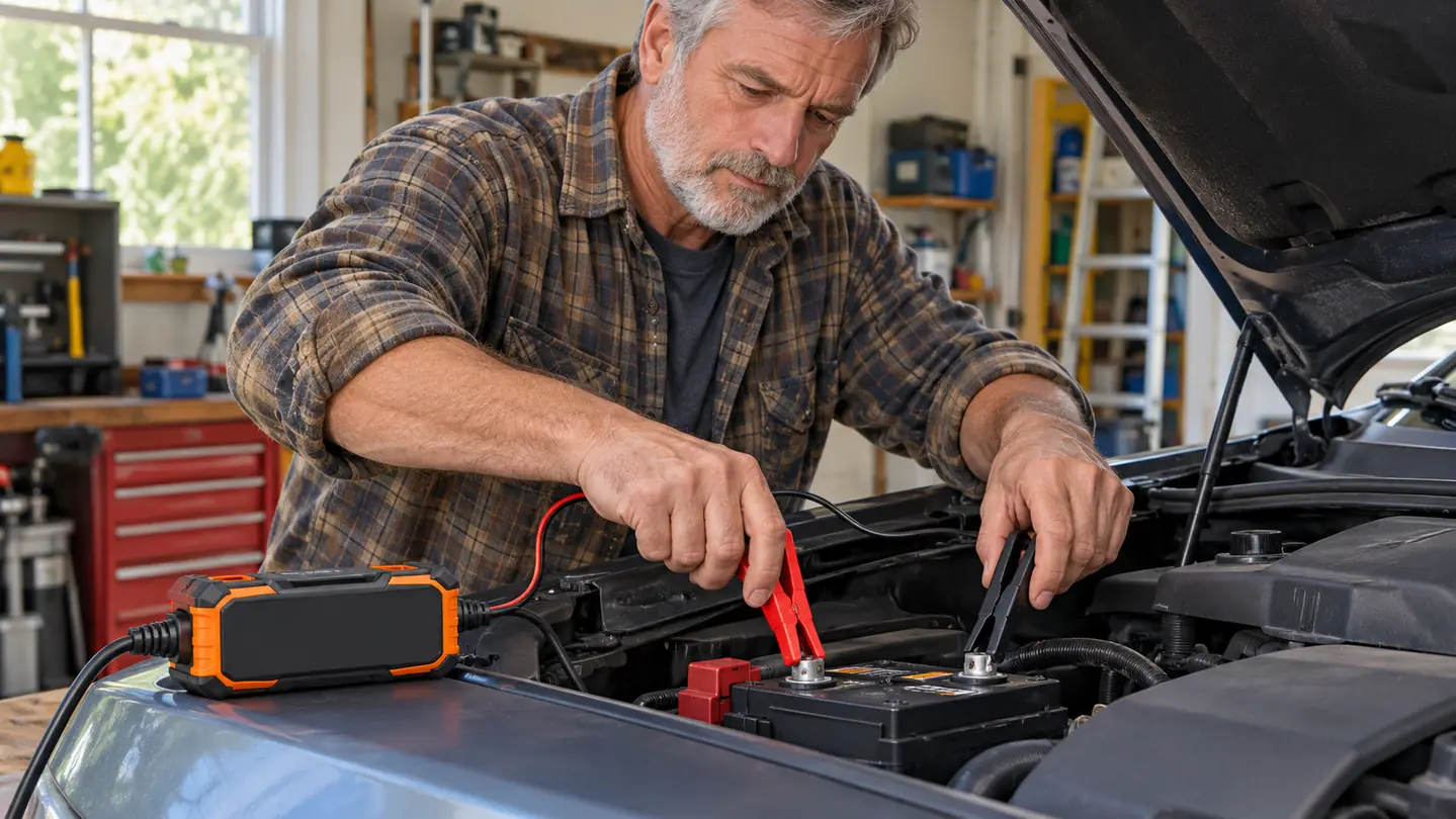 Hands attaching battery clamps to a car battery, with a compact charger resting nearby on the fender
