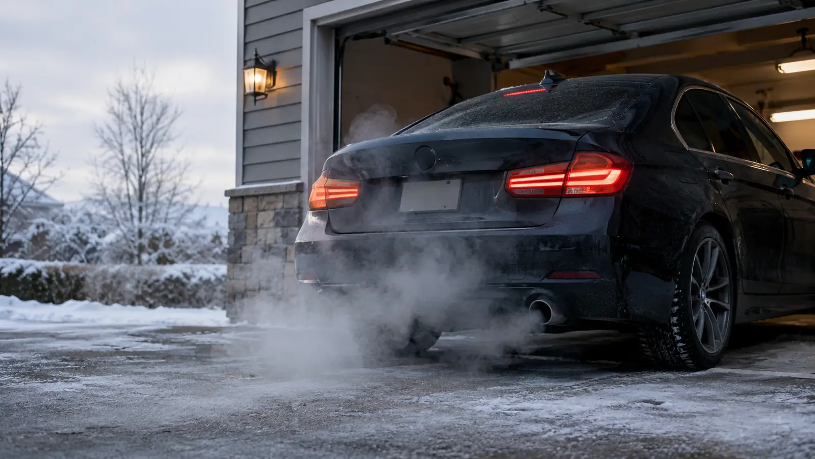 A car starting on a cold morning in a driveway, exhaust visible in the air