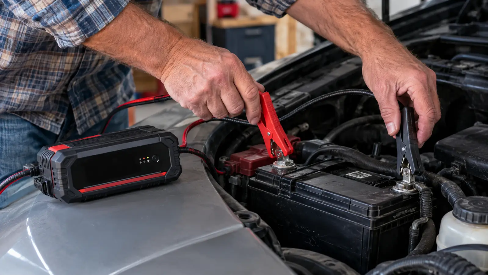 A hand connecting battery clamps to a car battery under the hood, with the charger sitting on the fender.