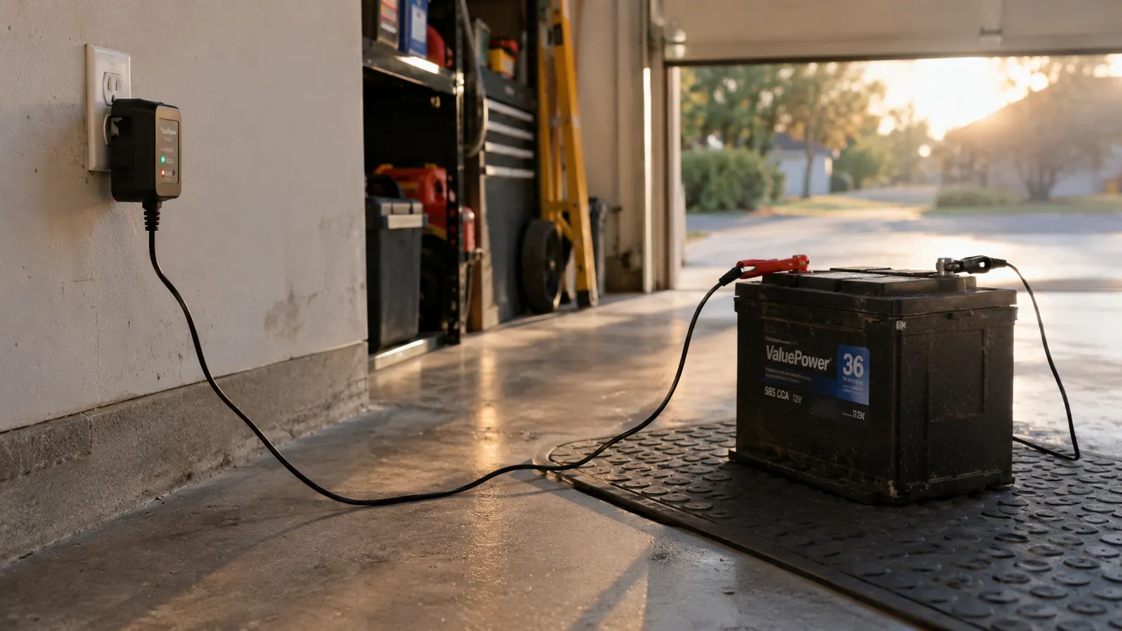 A battery charger plugged into a wall outlet in a garage, its cable running across the concrete floor to a battery sitting on a mat.