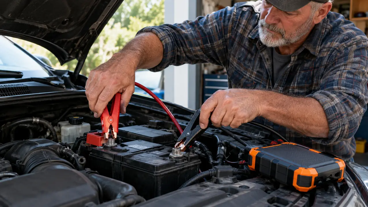 A hand connecting battery clamps to a car battery under an open hood