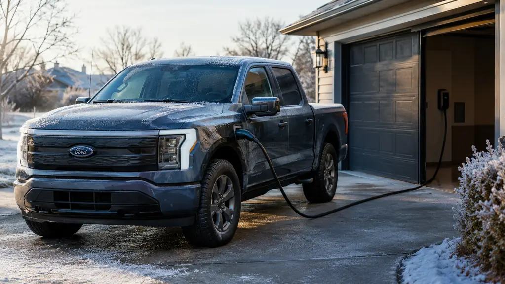 A truck parked in a driveway on a frosty winter morning with a charger cable visible