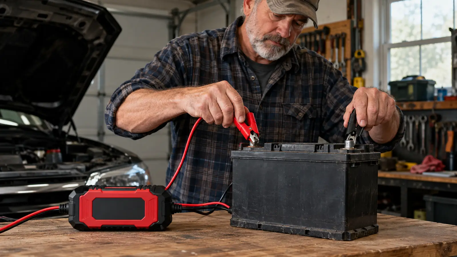 A hand connecting red and black battery clamps to a car battery in a garage